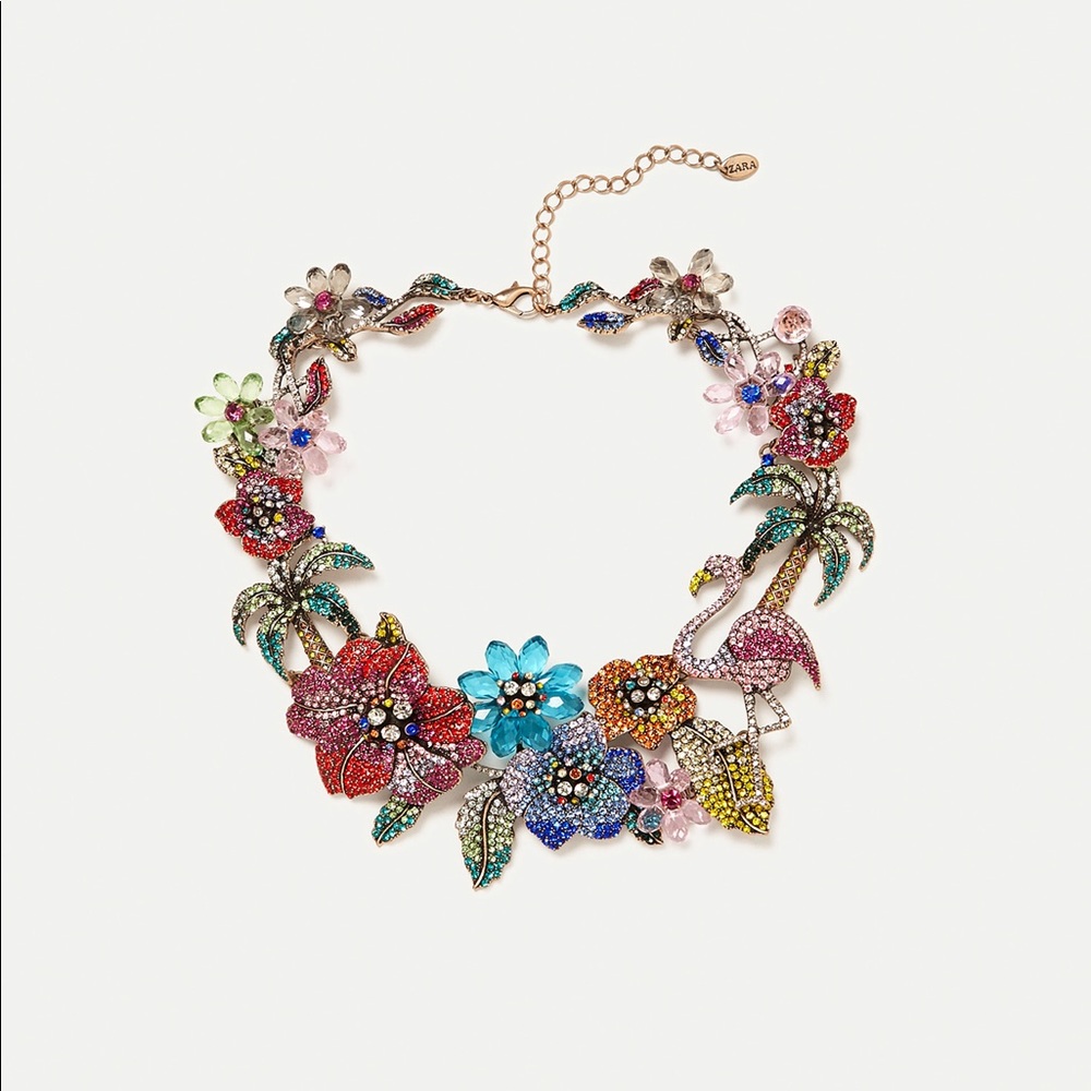 NWT Zara Floral Crystal Statement Necklace - Picture 2 of 5